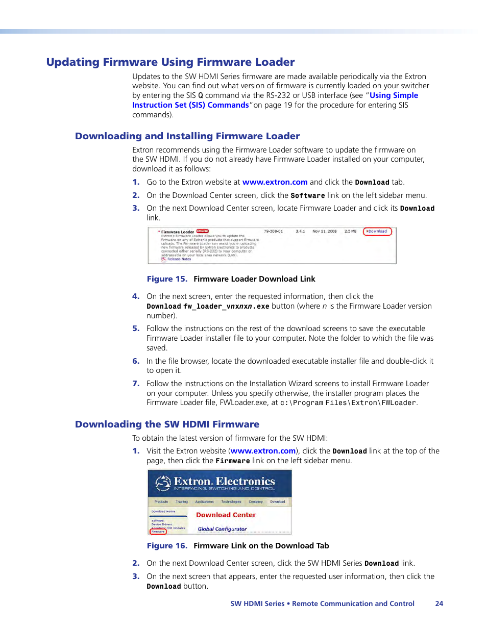 Updating firmware using firmware loader, Downloading and installing firmware loader, Downloading the sw hdmi firmware | Extron Electronics SW HDMI Series User Guide User Manual | Page 30 / 42