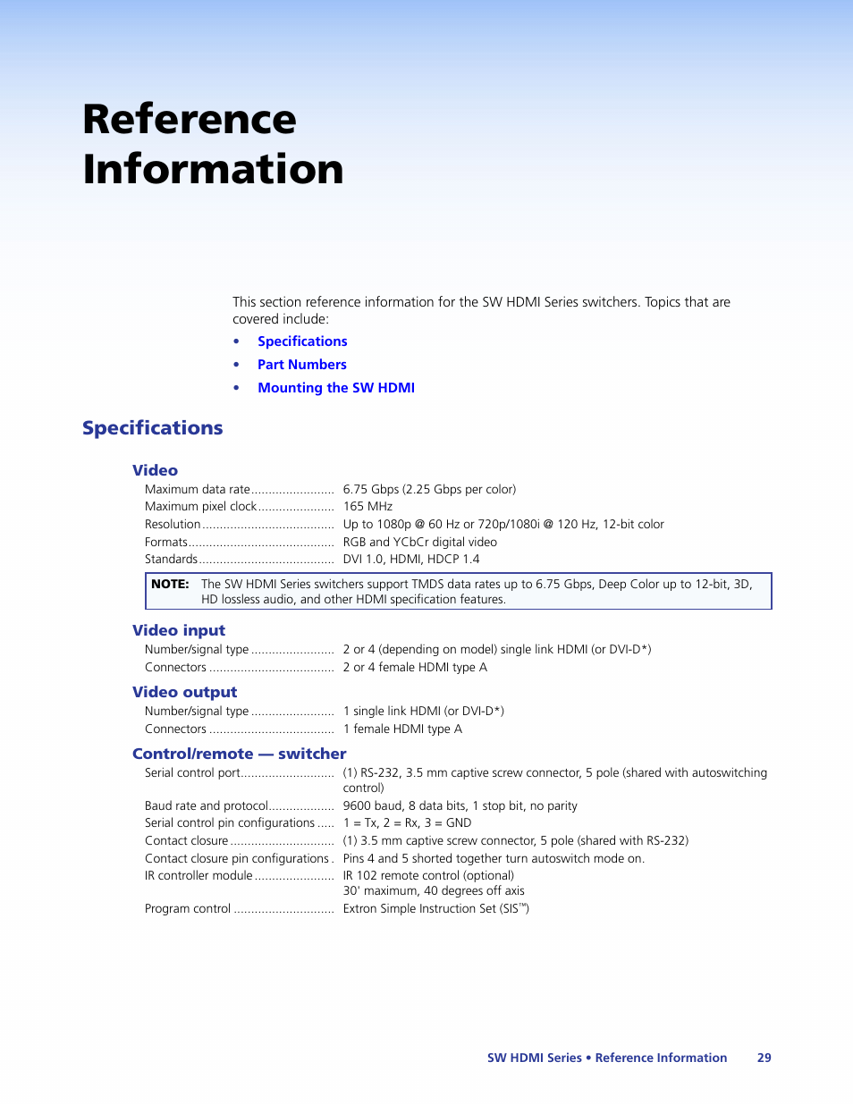 Reference information, Specifications | Extron Electronics SW HDMI Series User Guide User Manual | Page 35 / 42
