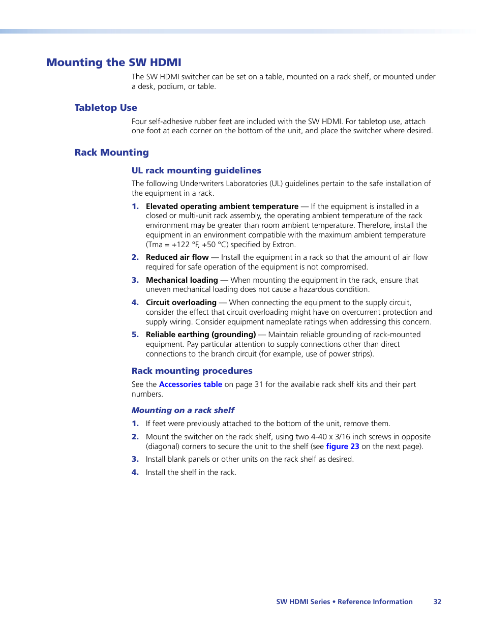 Mounting the sw hdmi, Tabletop use, Rack mounting | Ul rack mounting guidelines, Rack mounting procedures, E (see, Mounting the, Sw hdmi | Extron Electronics SW HDMI Series User Guide User Manual | Page 38 / 42