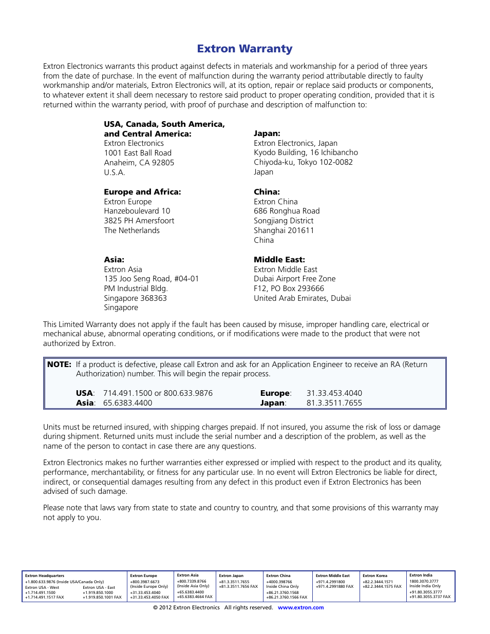 Extron warranty, Contact information | Extron Electronics SW HDMI Series User Guide User Manual | Page 42 / 42
