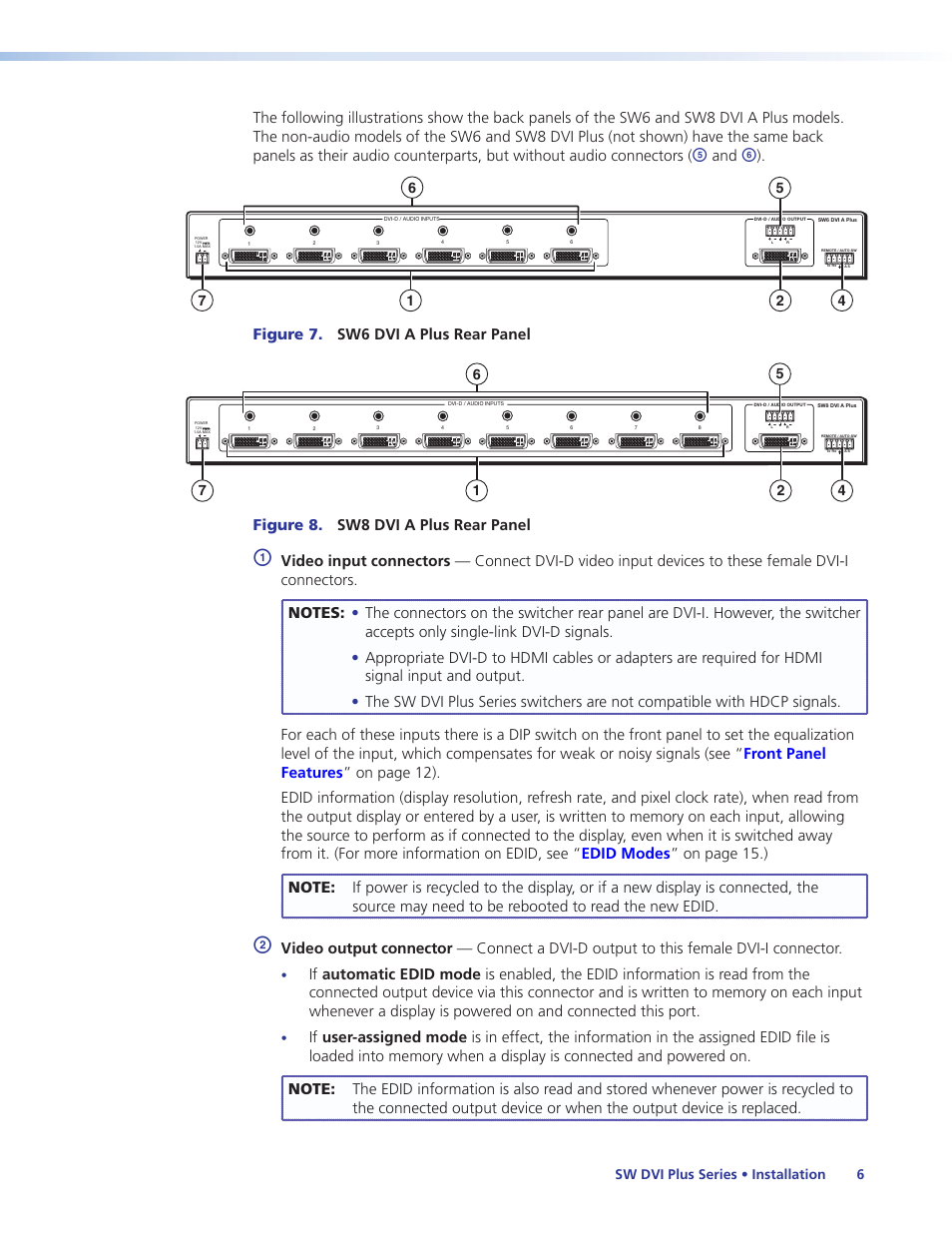 Figure 7. sw6 dvi a plus rear panel, Figure 8. sw8 dvi a plus rear panel, Sw dvi plus series • installation 6 | Extron Electronics SW DVI Plus Series User Guide User Manual | Page 12 / 45