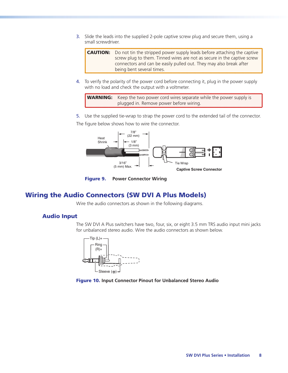 Wiring the audio connectors (sw dvi a plus models), Audio input, Wiring the audio connectors (sw dvi a plus | Models), Wiring the audio connector [sw dvi a, Plus, Balanced (+6 db) or unbalanced (0 db) audio (see, Wiring the audio connectors, Sw dvi a plus models) | Extron Electronics SW DVI Plus Series User Guide User Manual | Page 14 / 45