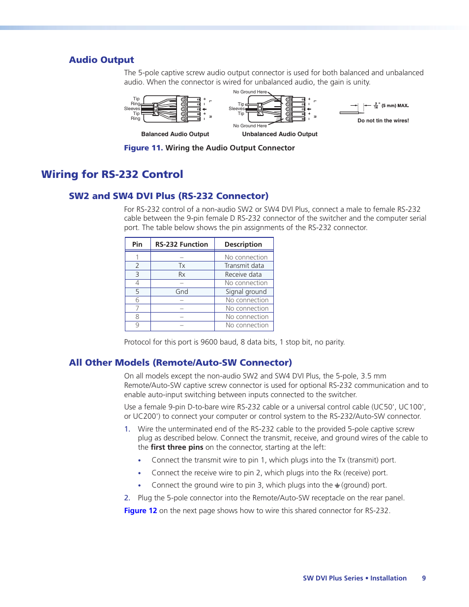 Audio output, Wiring for rs-232 control, Sw2 and sw4 dvi plus (rs-232 connector) | All other models (remote/auto-sw connector), Connector), Connector of the switcher (see, Computer serial port (see | Extron Electronics SW DVI Plus Series User Guide User Manual | Page 15 / 45