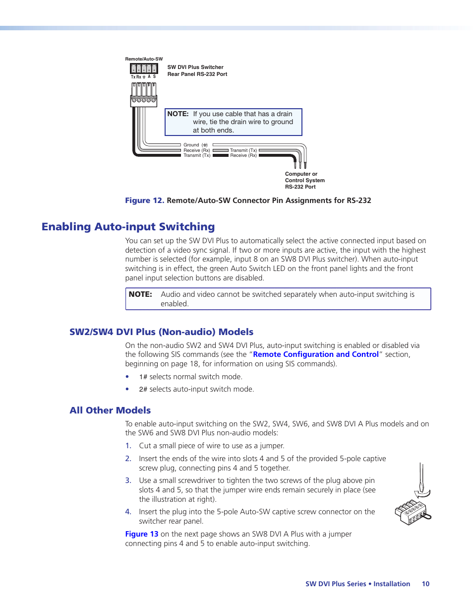 Enabling auto-input switching, Sw2/sw4 dvi plus (non-audio) models, All other models | Extron Electronics SW DVI Plus Series User Guide User Manual | Page 16 / 45