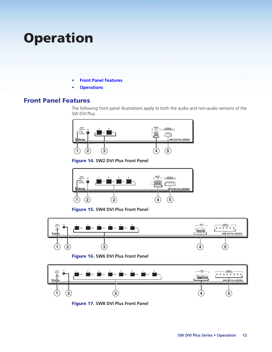 Operation, Front panel features, Front panel | Features, Front panel features • operations, Figure 14. sw2 dvi plus front panel, Figure 15. sw4 dvi plus front panel, Figure 16. sw6 dvi plus front panel, Figure 17. sw8 dvi plus front panel, Sw dvi plus series • operation 12 | Extron Electronics SW DVI Plus Series User Guide User Manual | Page 18 / 45