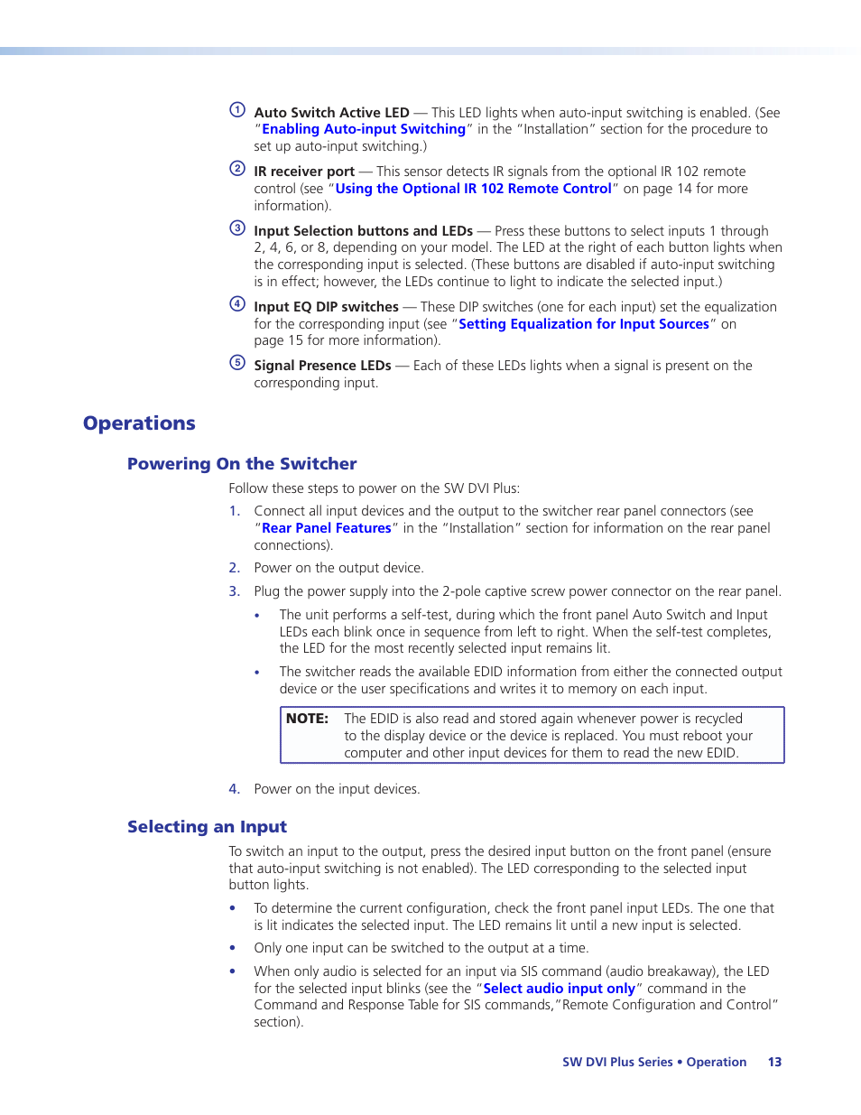 Operations, Powering on the switcher, Selecting an input | Powering on the switcher selecting an input | Extron Electronics SW DVI Plus Series User Guide User Manual | Page 19 / 45