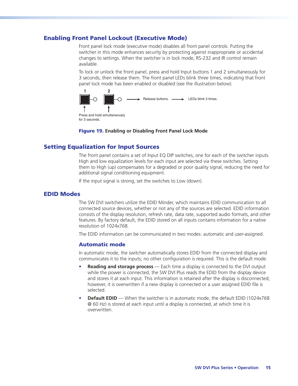 Enabling front panel lockout (executive mode), Setting equalization for input sources, Edid modes | Enabling front panel lockout, Executive mode), Setting equalization for input sources edid modes, Esponding input (see | Extron Electronics SW DVI Plus Series User Guide User Manual | Page 21 / 45