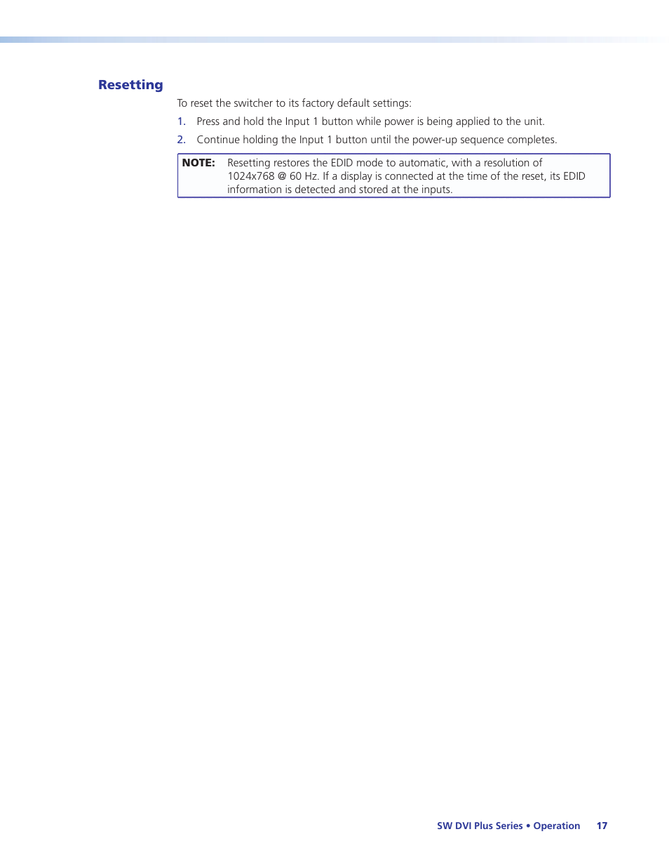 Resetting | Extron Electronics SW DVI Plus Series User Guide User Manual | Page 23 / 45