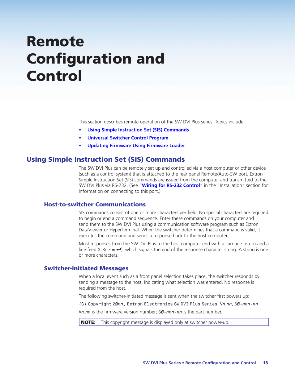 Remote configuration and control, Using simple instruction set (sis) commands, Host-to-switcher communications | Switcher-initiated messages | Extron Electronics SW DVI Plus Series User Guide User Manual | Page 24 / 45