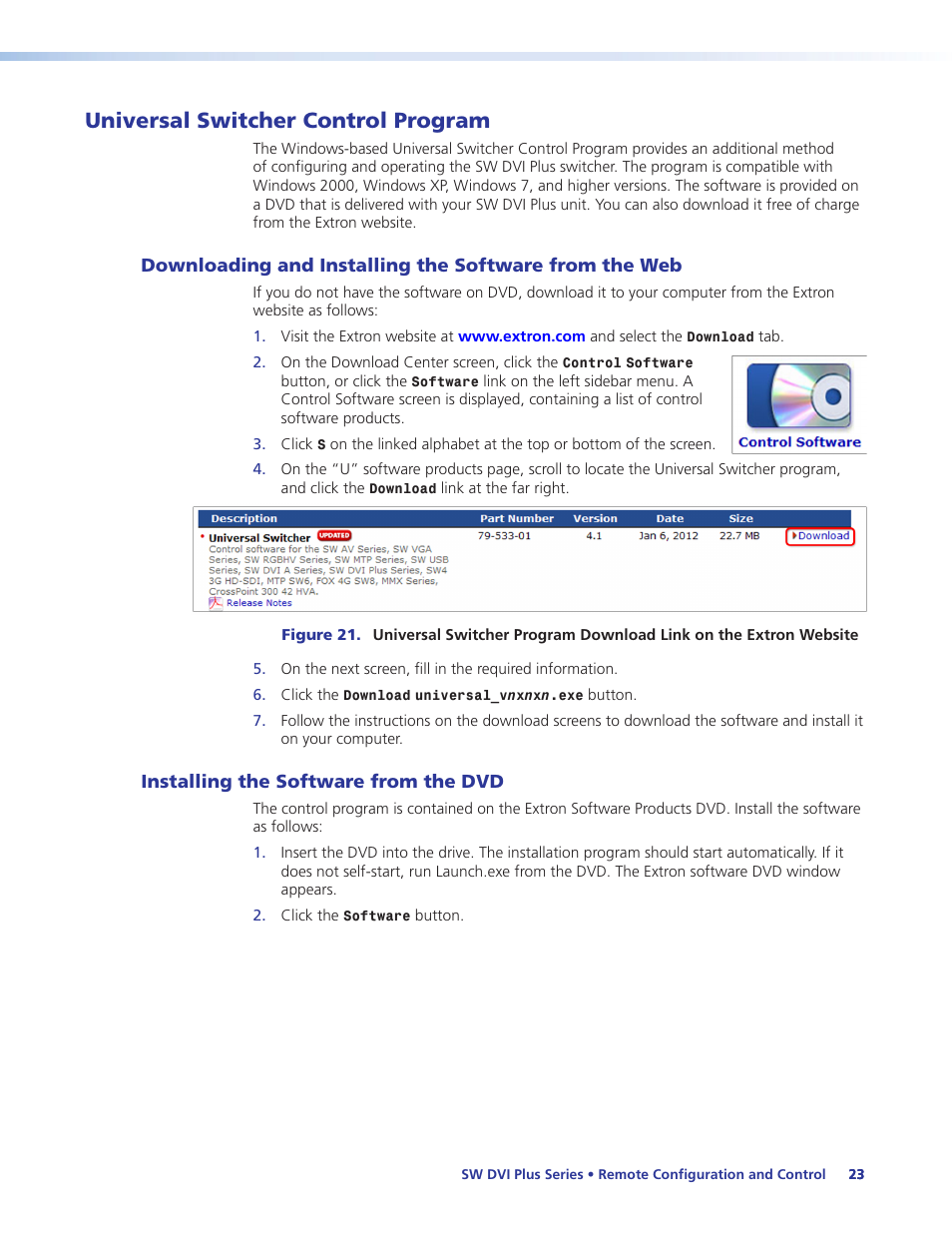 Universal switcher control program, Installing the software from the dvd | Extron Electronics SW DVI Plus Series User Guide User Manual | Page 29 / 45