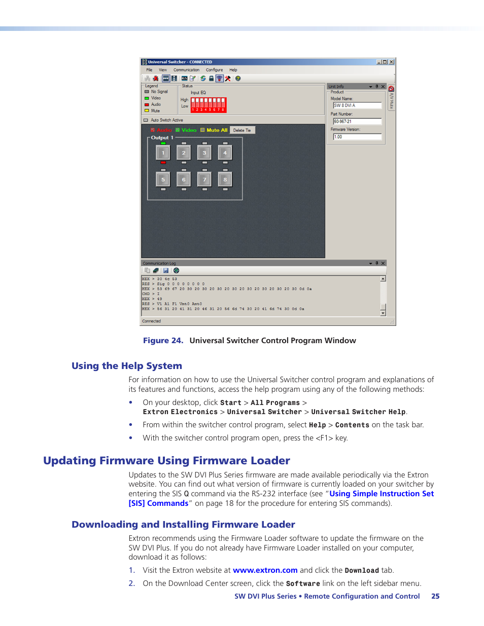 Using the help system, Updating firmware using firmware loader, Downloading and installing firmware loader | Downloading and installing, Firmware loader | Extron Electronics SW DVI Plus Series User Guide User Manual | Page 31 / 45