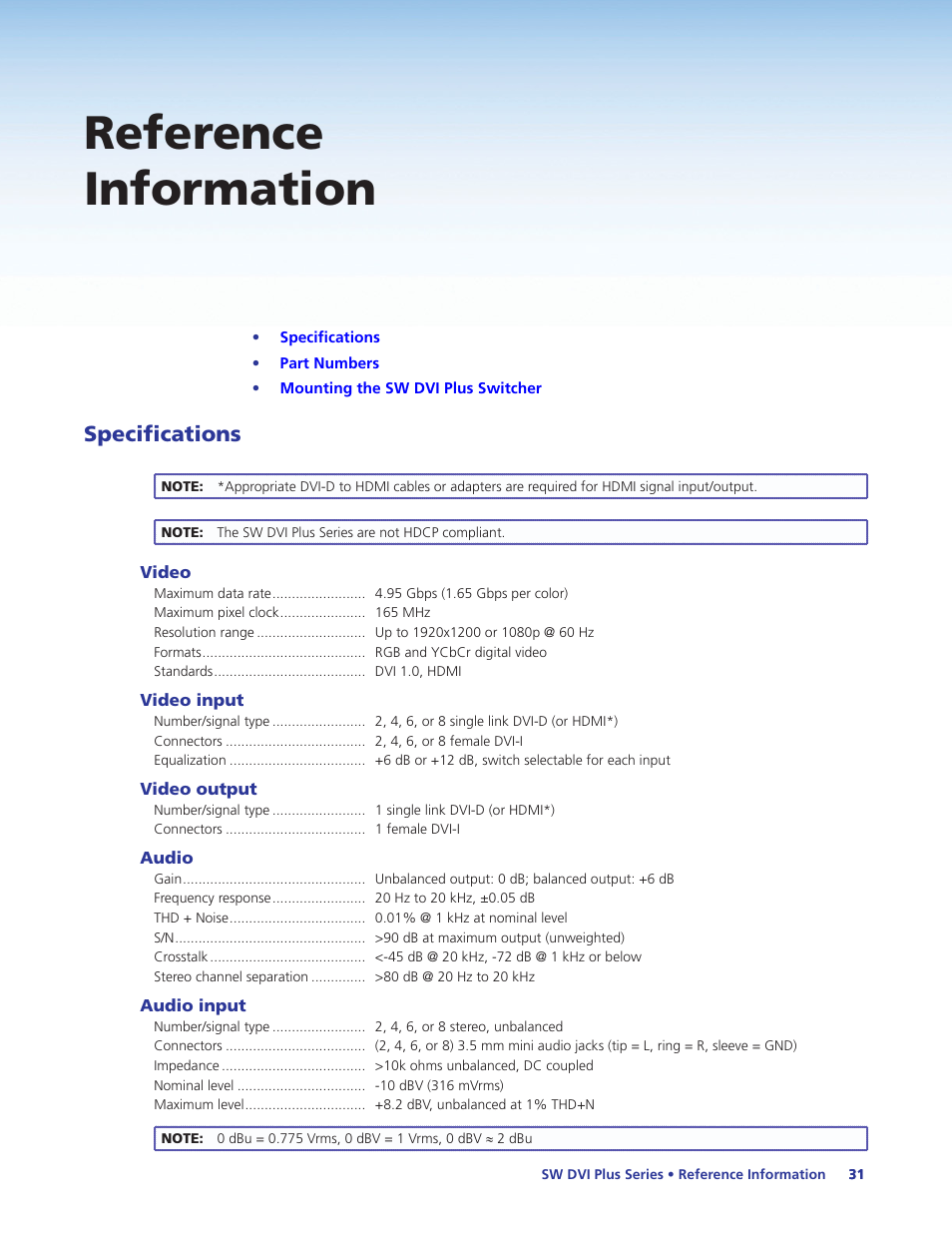 Reference information, Specifications | Extron Electronics SW DVI Plus Series User Guide User Manual | Page 37 / 45