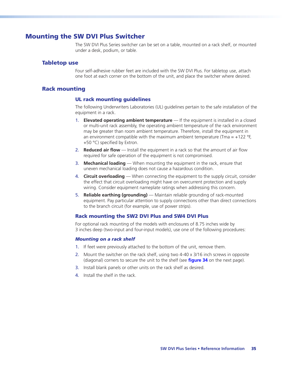 Mounting the sw dvi plus switcher, Tabletop use, Rack mounting | Tabletop use rack mounting | Extron Electronics SW DVI Plus Series User Guide User Manual | Page 41 / 45