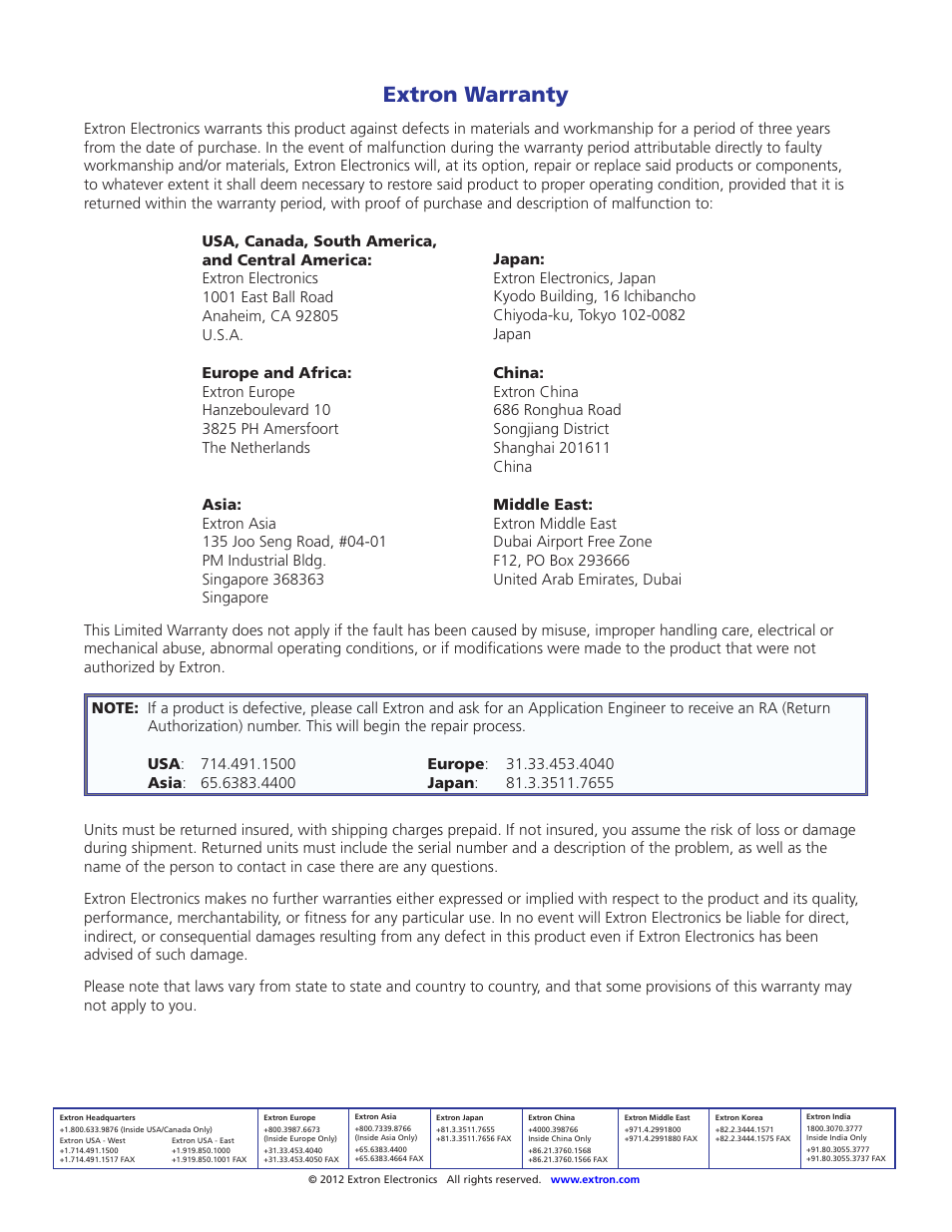 Extron warranty, Contact information | Extron Electronics SW DVI Plus Series User Guide User Manual | Page 45 / 45