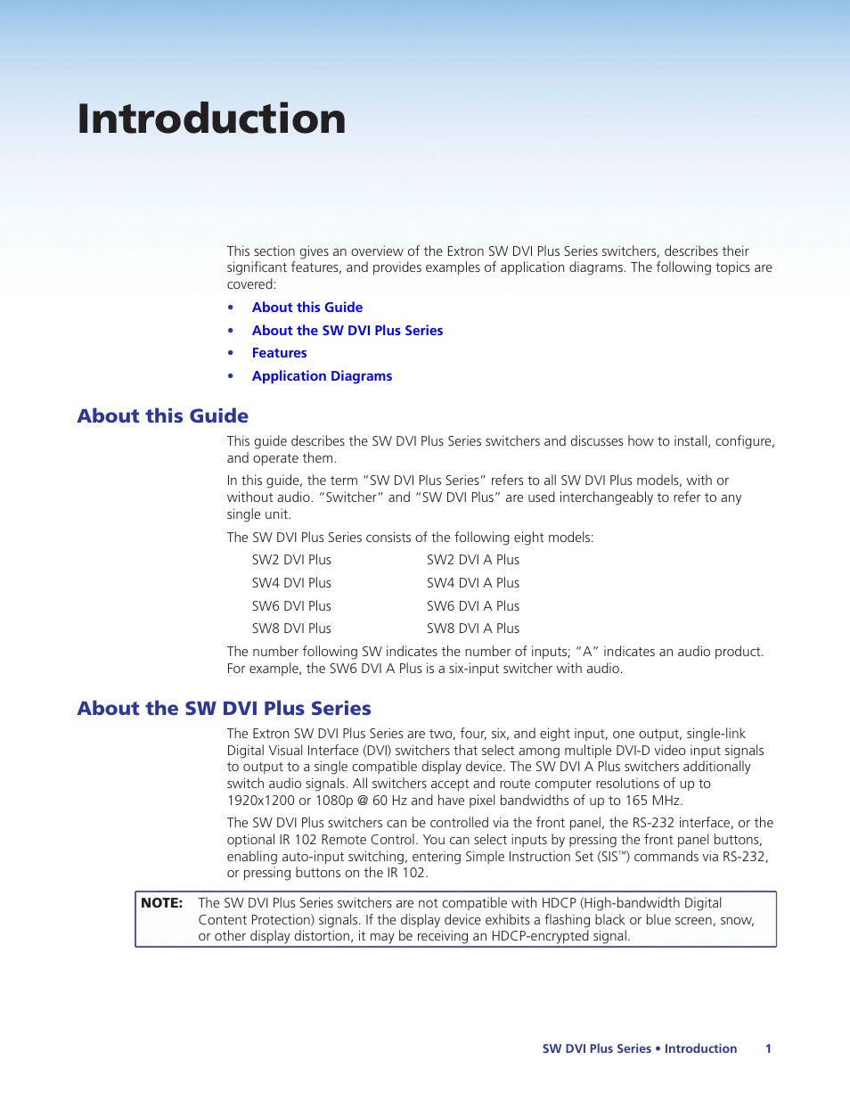 Introduction, About this guide, About the sw dvi plus series | About this guide about the sw dvi plus series | Extron Electronics SW DVI Plus Series User Guide User Manual | Page 7 / 45