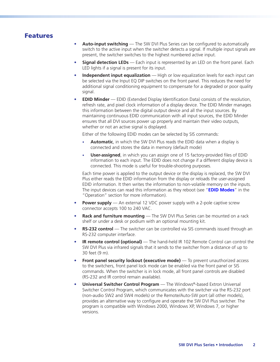 Features | Extron Electronics SW DVI Plus Series User Guide User Manual | Page 8 / 45