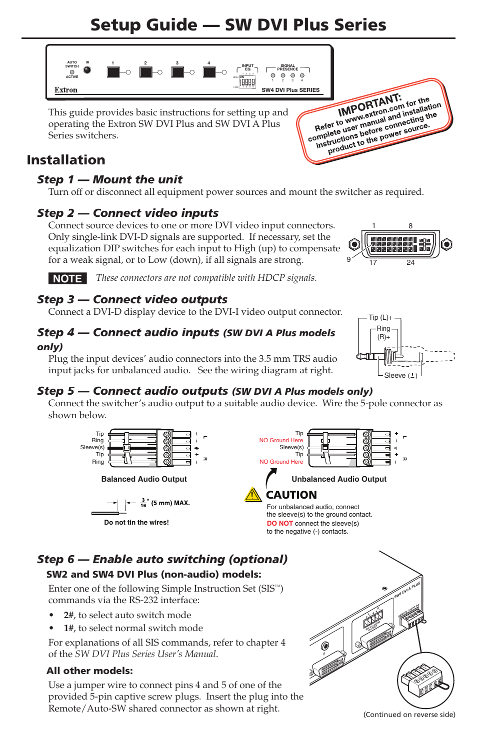 Extron Electronics SW DVI Plus Series Setup Guide User Manual | 2 pages