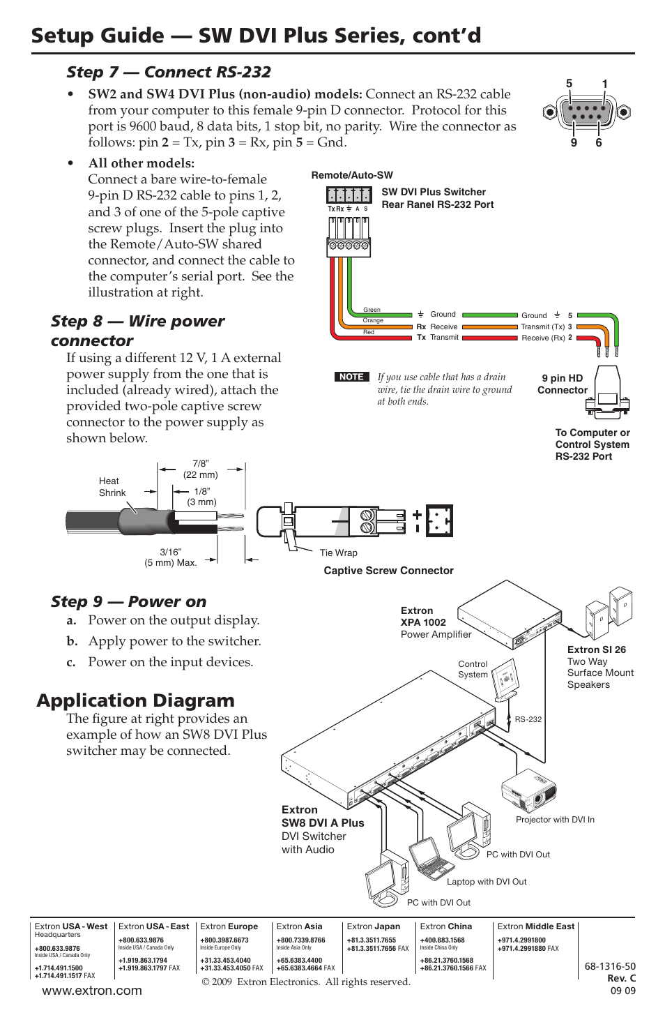 Setup guide — sw dvi plus series, cont’d, Application diagram, Step 7 — connect rs-232 | Step 8 — wire power connector, Step 9 — power on | Extron Electronics SW DVI Plus Series Setup Guide User Manual | Page 2 / 2