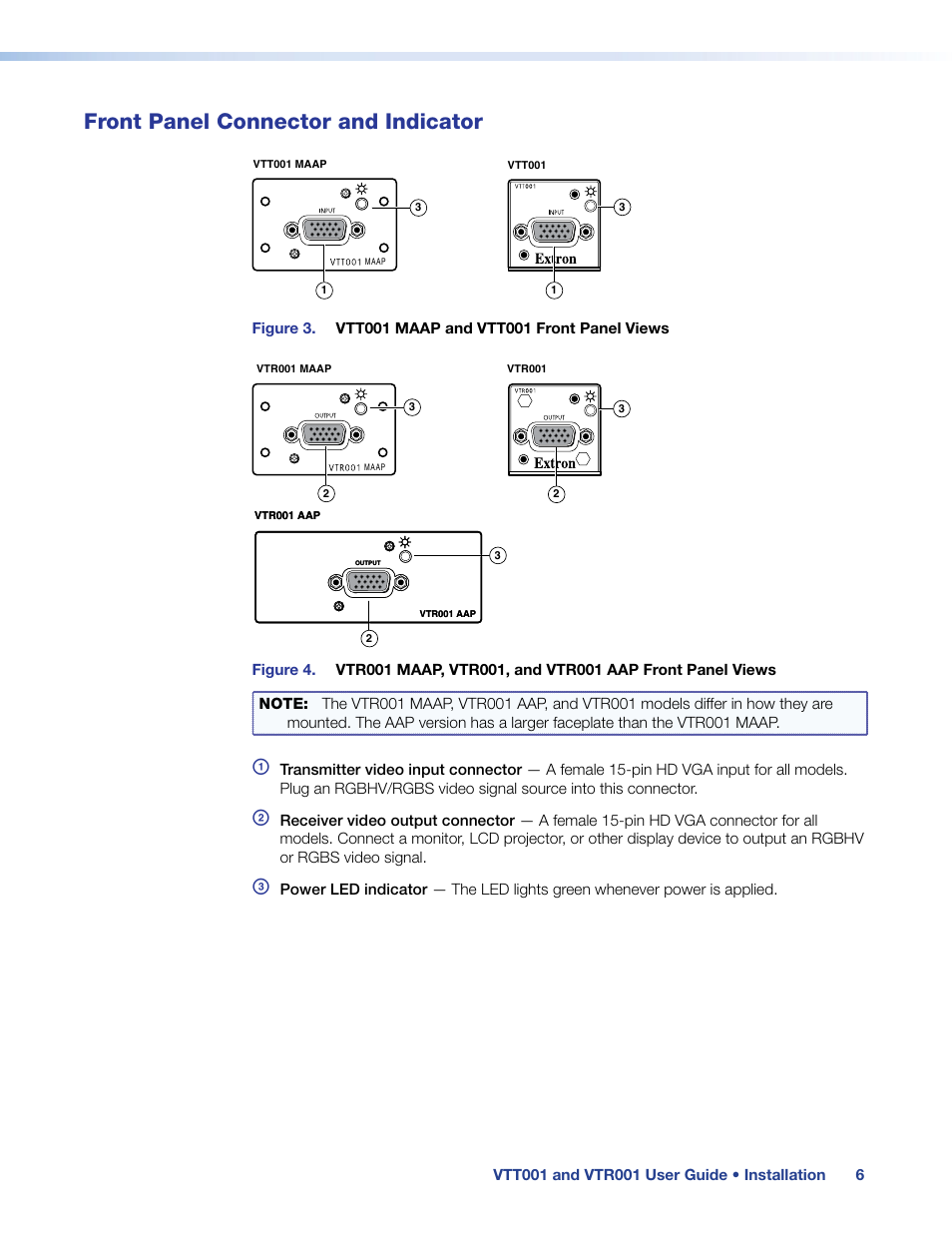 Front panel connector and indicator | Extron Electronics VTR001 User Guide User Manual | Page 11 / 24