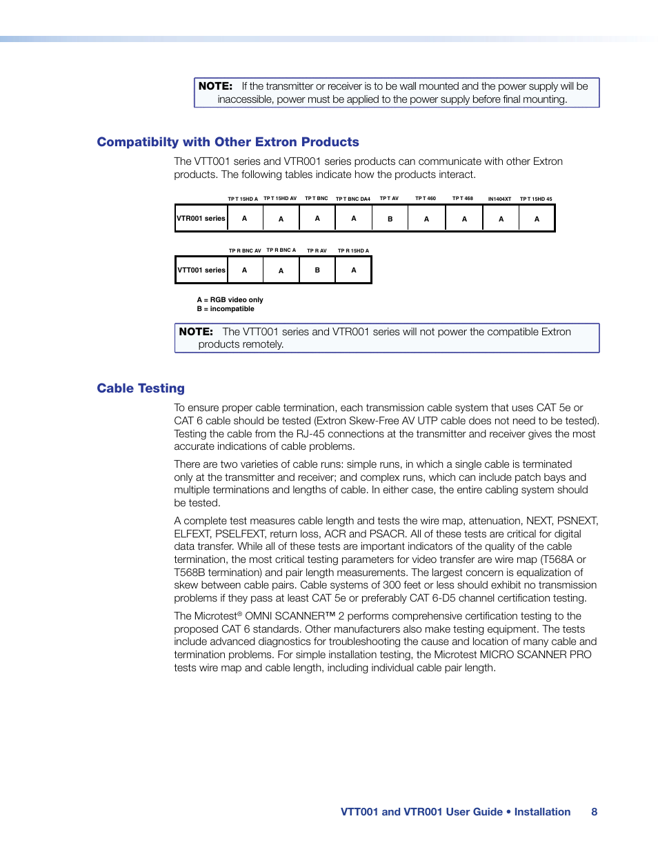 Twisted pair cable (see, Cable testing, Compatibilty with other extron products | Extron Electronics VTR001 User Guide User Manual | Page 13 / 24