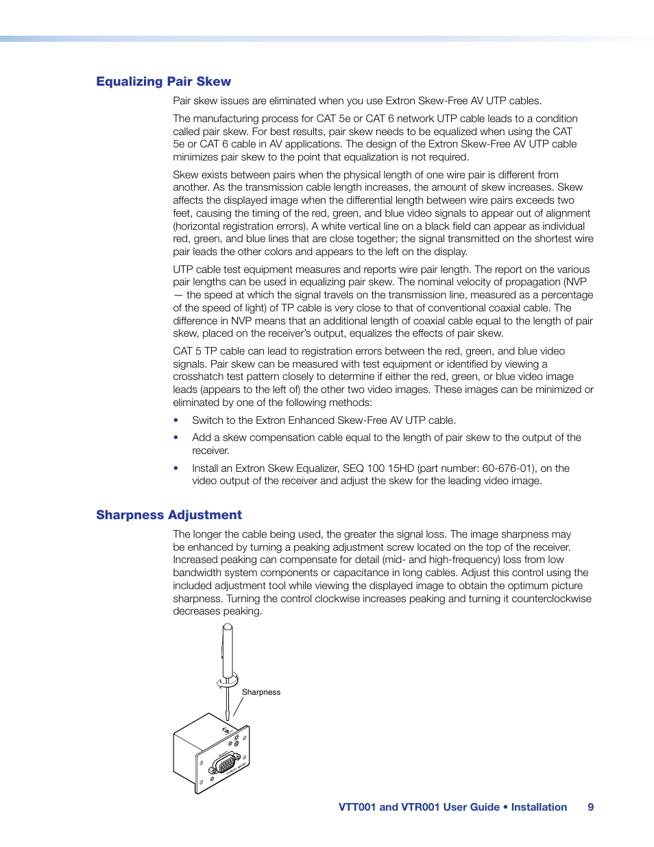 Equalizing pair skew sharpness adjustment, Equalizing pair skew, Sharpness | Adjustment, Sharpness adjustment | Extron Electronics VTR001 User Guide User Manual | Page 14 / 24