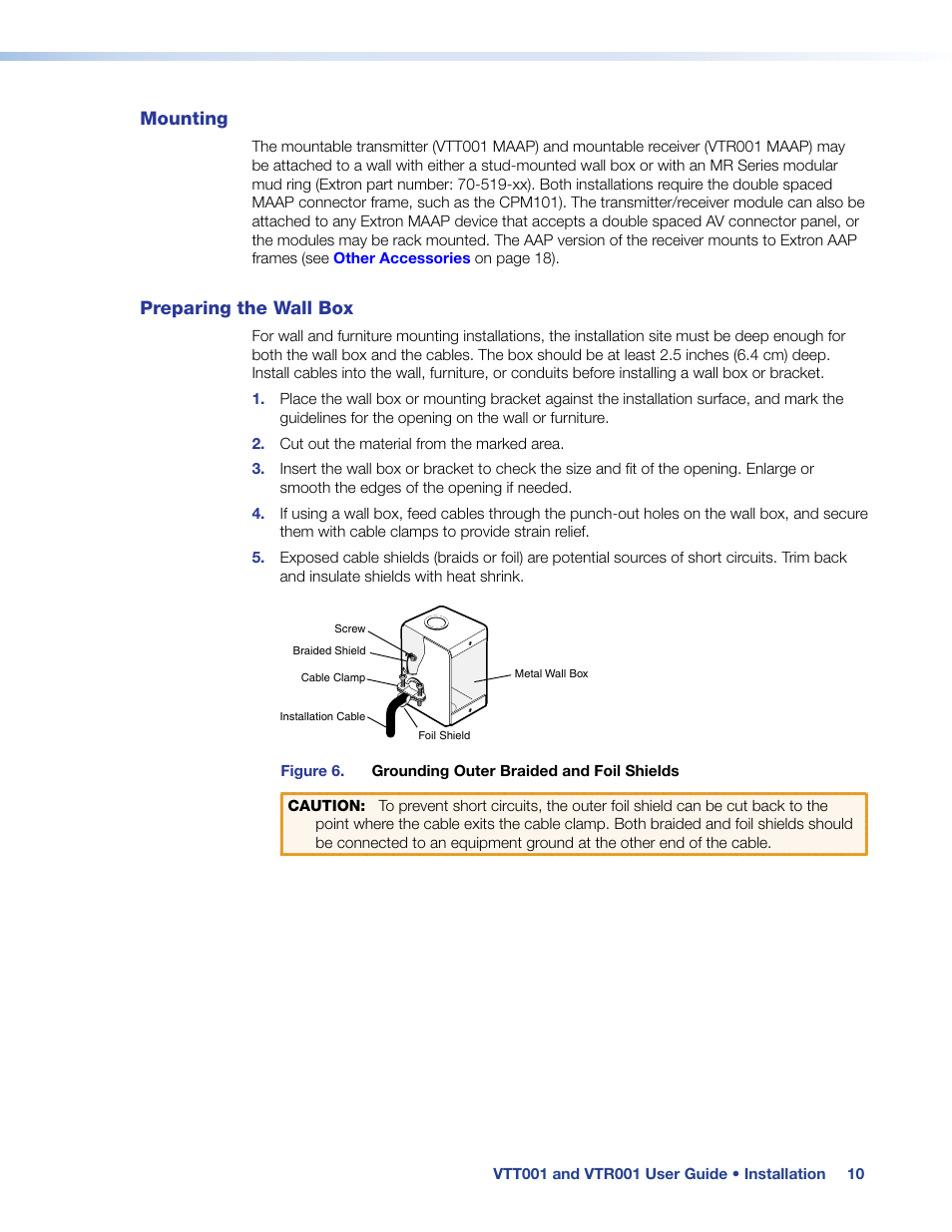 Mounting preparing the wall box, Mounting, Preparing the wall box | Extron Electronics VTR001 User Guide User Manual | Page 15 / 24