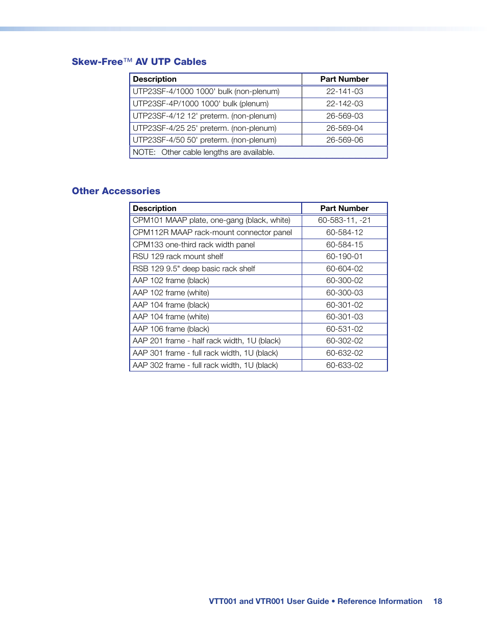 Skew-free™ av utp cables other accessories | Extron Electronics VTR001 User Guide User Manual | Page 23 / 24