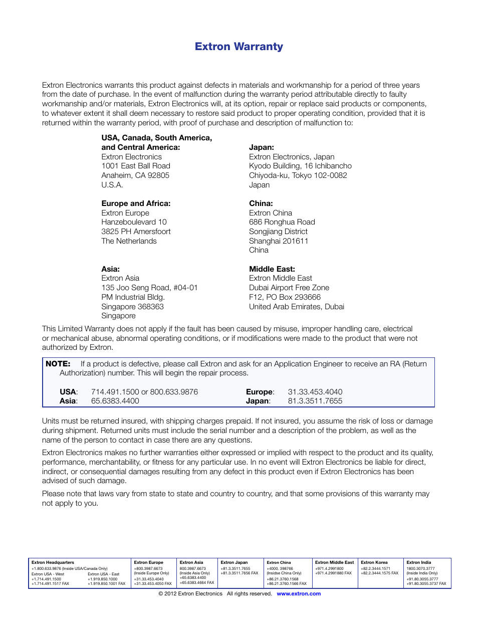 Extron warranty, Contact information extron warranty | Extron Electronics VTR001 User Guide User Manual | Page 24 / 24