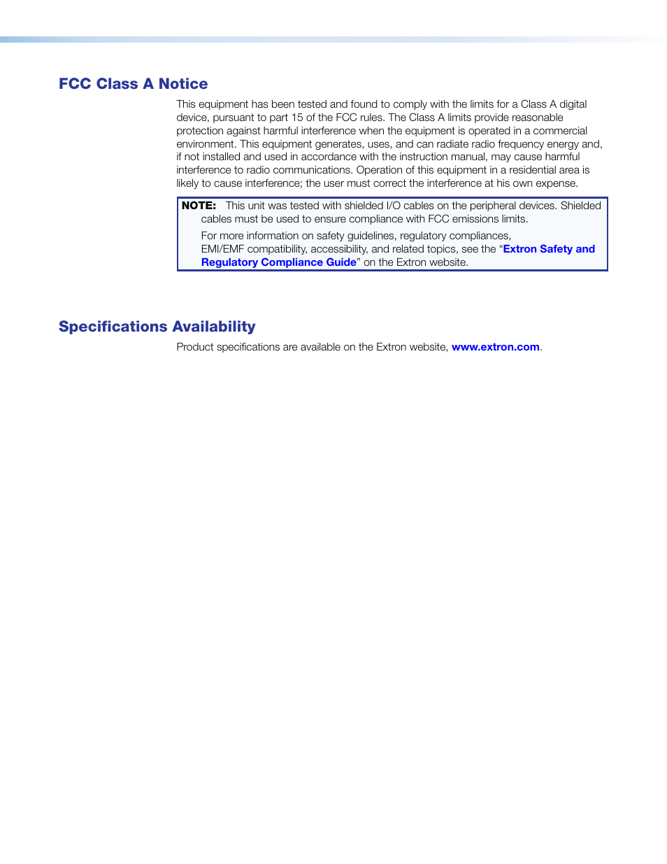 Fcc class a notice, Specifications availability | Extron Electronics VTR001 User Guide User Manual | Page 3 / 24