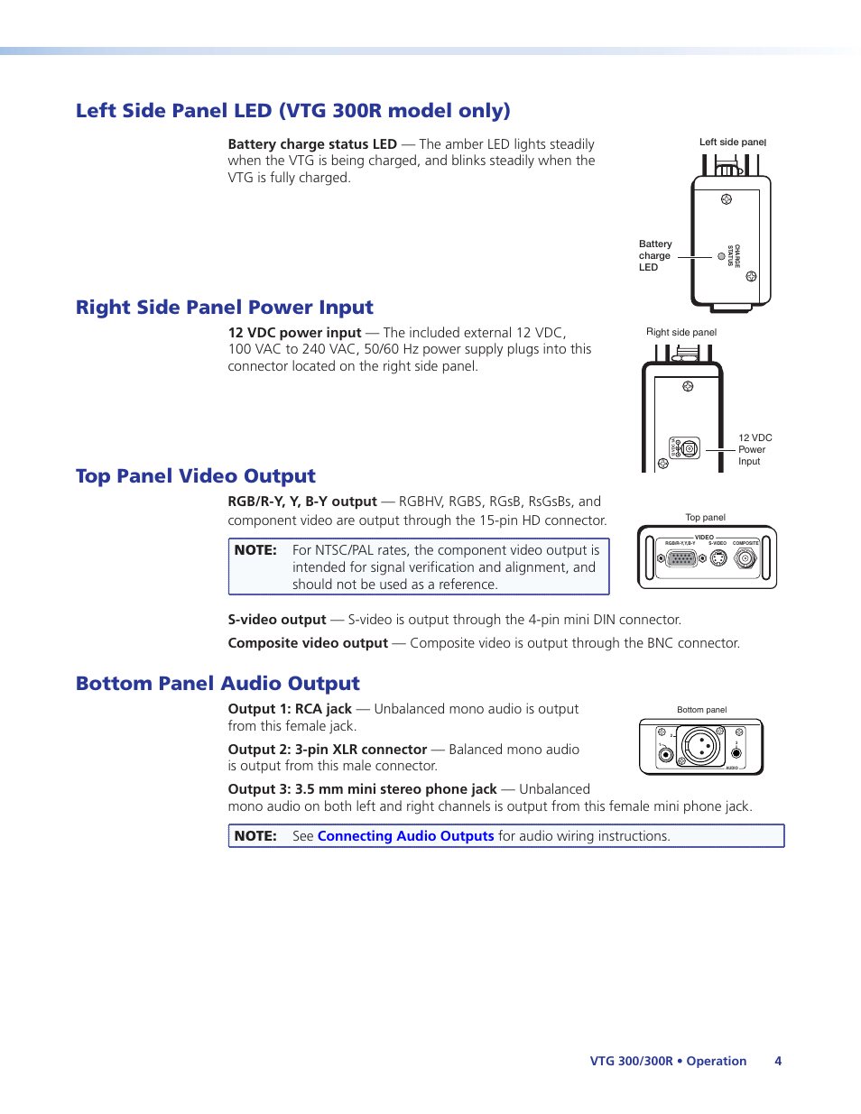 Left side panel led (vtg 300r model only), Right side panel power input, Top panel video output | Bottom panel audio output, 12 vdc power input — the included external 12 vdc | Extron Electronics VTG 300_300R User Guide Rev. E User Manual | Page 10 / 32