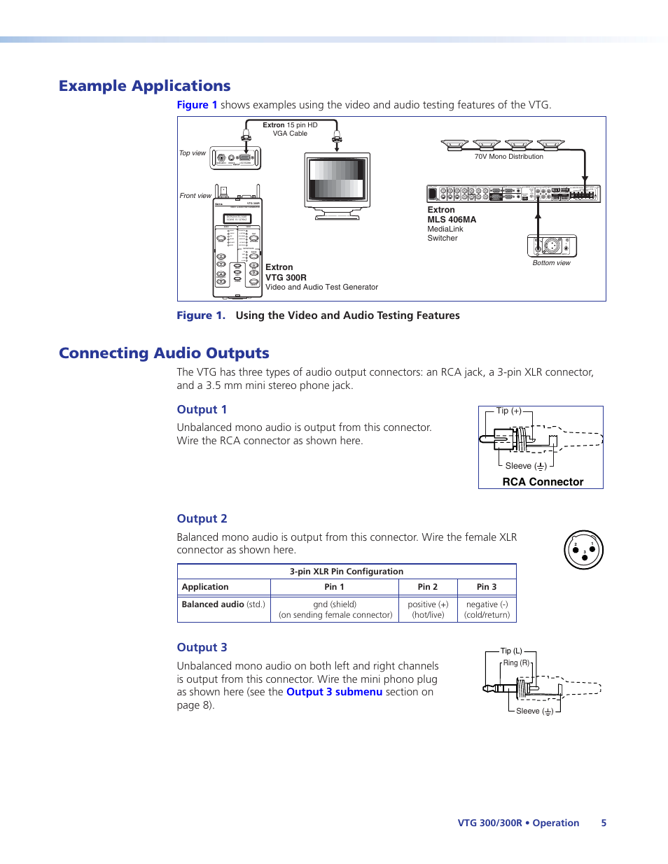 Example applications, Connecting audio outputs, Example applications connecting audio outputs | Output 1, Output 2, Output 3 | Extron Electronics VTG 300_300R User Guide Rev. E User Manual | Page 11 / 32