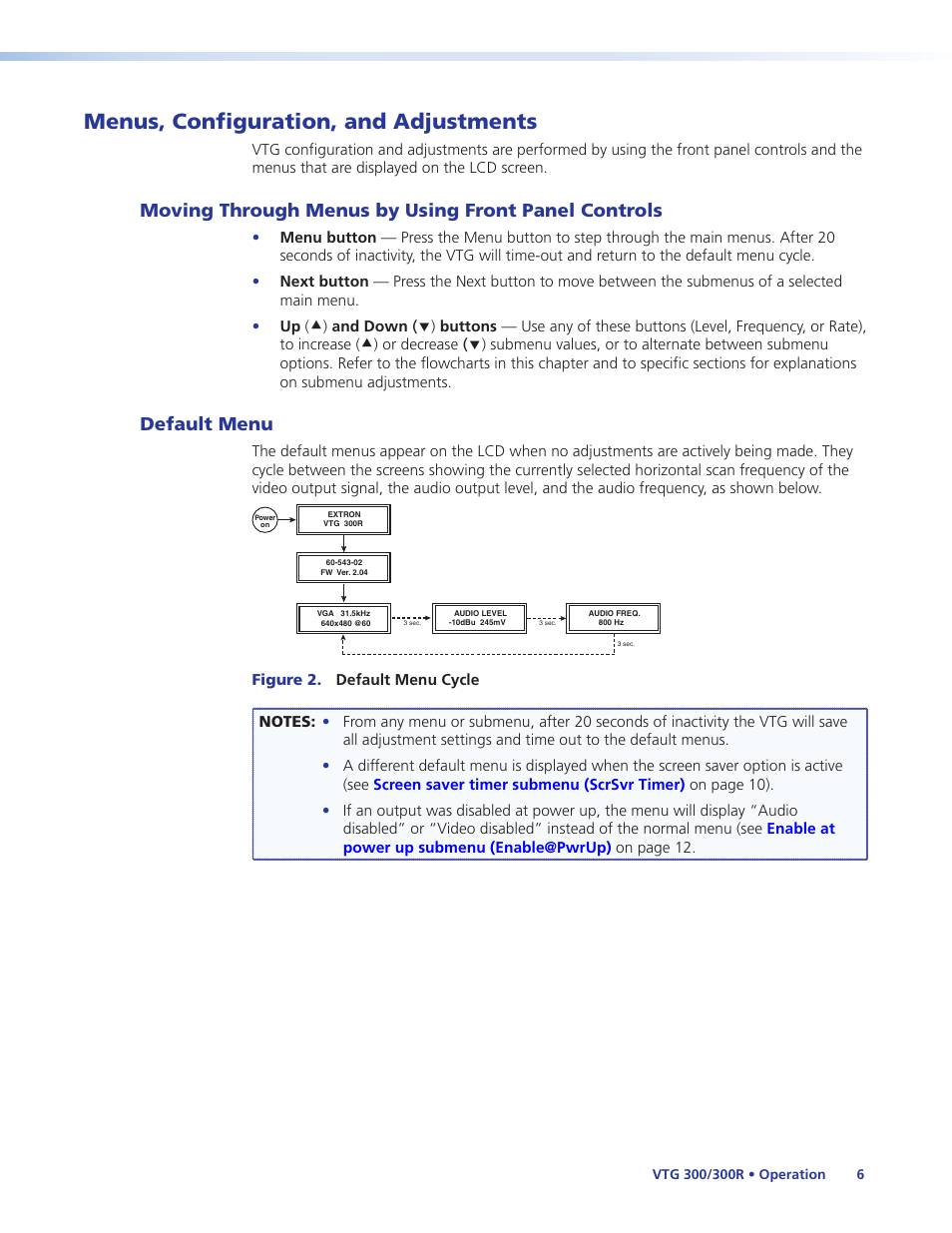 Menus, configuration, and adjustments, Moving through menus by using front panel controls, Default menu | Moving through menus by using front panel, Controls, Menus, Configuration, and adjustments | Extron Electronics VTG 300_300R User Guide Rev. E User Manual | Page 12 / 32