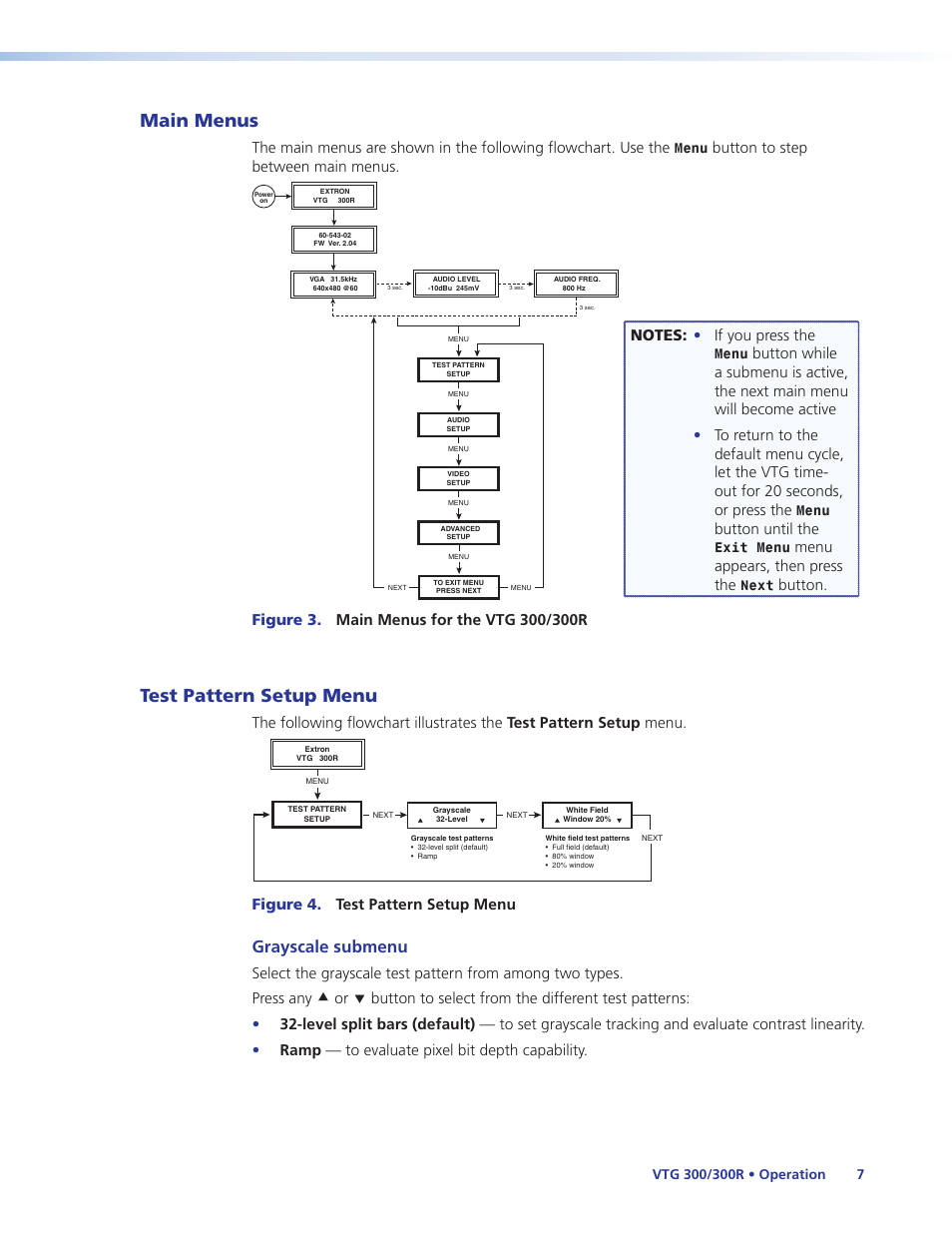 Main menus, Test pattern setup menu, Main menus test pattern setup menu | Grayscale submenu, Button to step between main menus, Button until the, Menu appears, then press the, Figure 4. test pattern setup menu, Menu, Exit menu | Extron Electronics VTG 300_300R User Guide Rev. E User Manual | Page 13 / 32