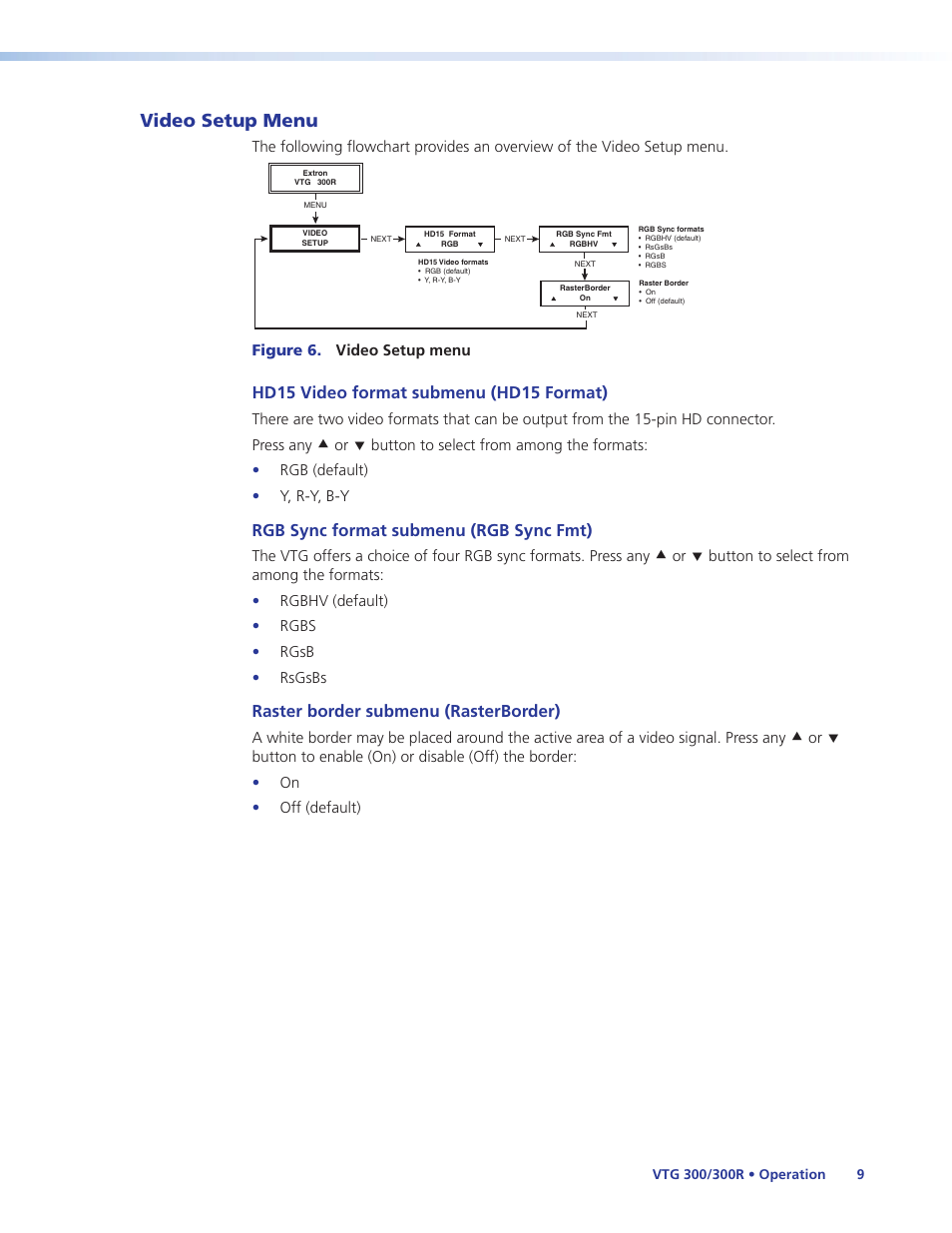 Video setup menu, Hd15 video format submenu (hd15 format), Rgb sync format submenu (rgb sync fmt) | Raster border submenu (rasterborder) | Extron Electronics VTG 300_300R User Guide Rev. E User Manual | Page 15 / 32