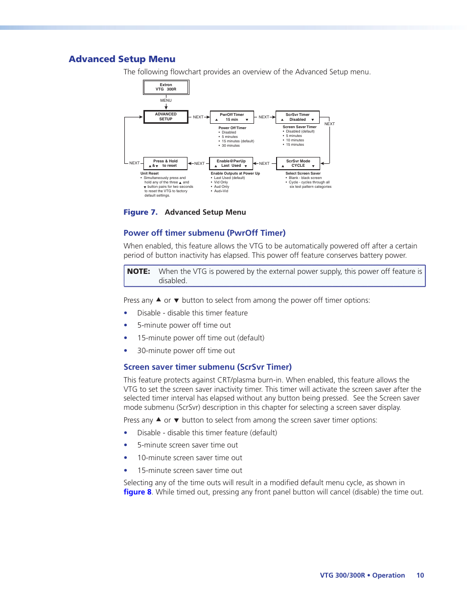 Advanced setup menu, Screen saver timer submenu (scrsvr timer), Power off timer submenu (pwroff timer) | Extron Electronics VTG 300_300R User Guide Rev. E User Manual | Page 16 / 32
