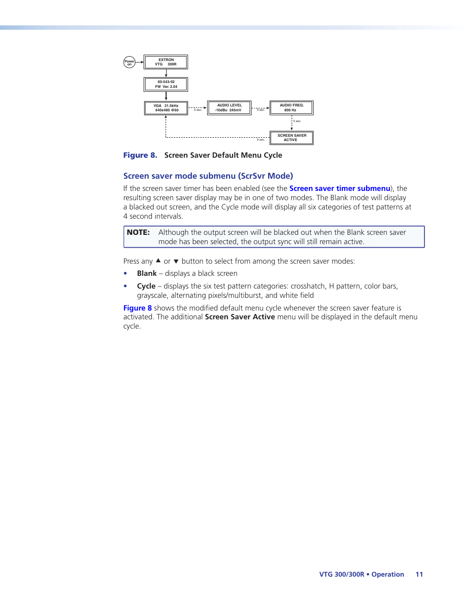 Screen saver mode submenu (scrsvr mode), Figure 8. screen saver default menu cycle | Extron Electronics VTG 300_300R User Guide Rev. E User Manual | Page 17 / 32