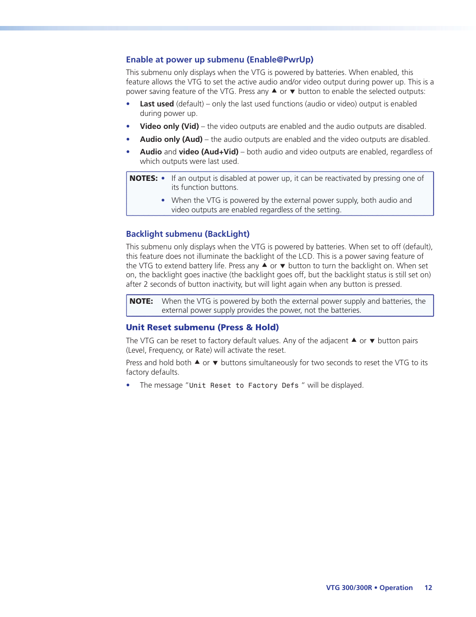 Ideo disabled” instead of the normal menu (see, Enable at, Power up submenu (enable@pwrup) | Extron Electronics VTG 300_300R User Guide Rev. E User Manual | Page 18 / 32