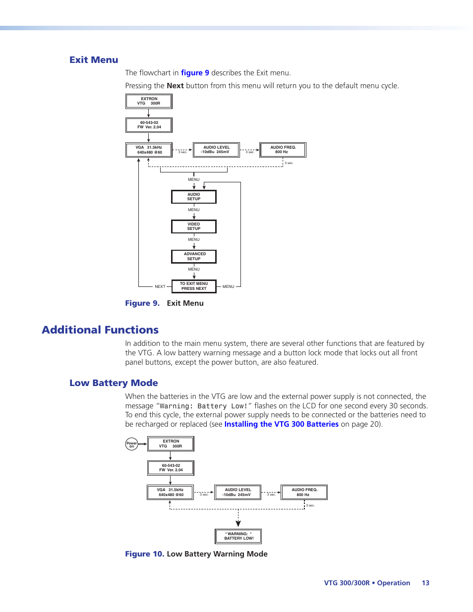 Exit menu, Additional functions, Low battery mode | Figure 9. exit menu, Figure 10. low battery warning mode, Warning: battery low | Extron Electronics VTG 300_300R User Guide Rev. E User Manual | Page 19 / 32