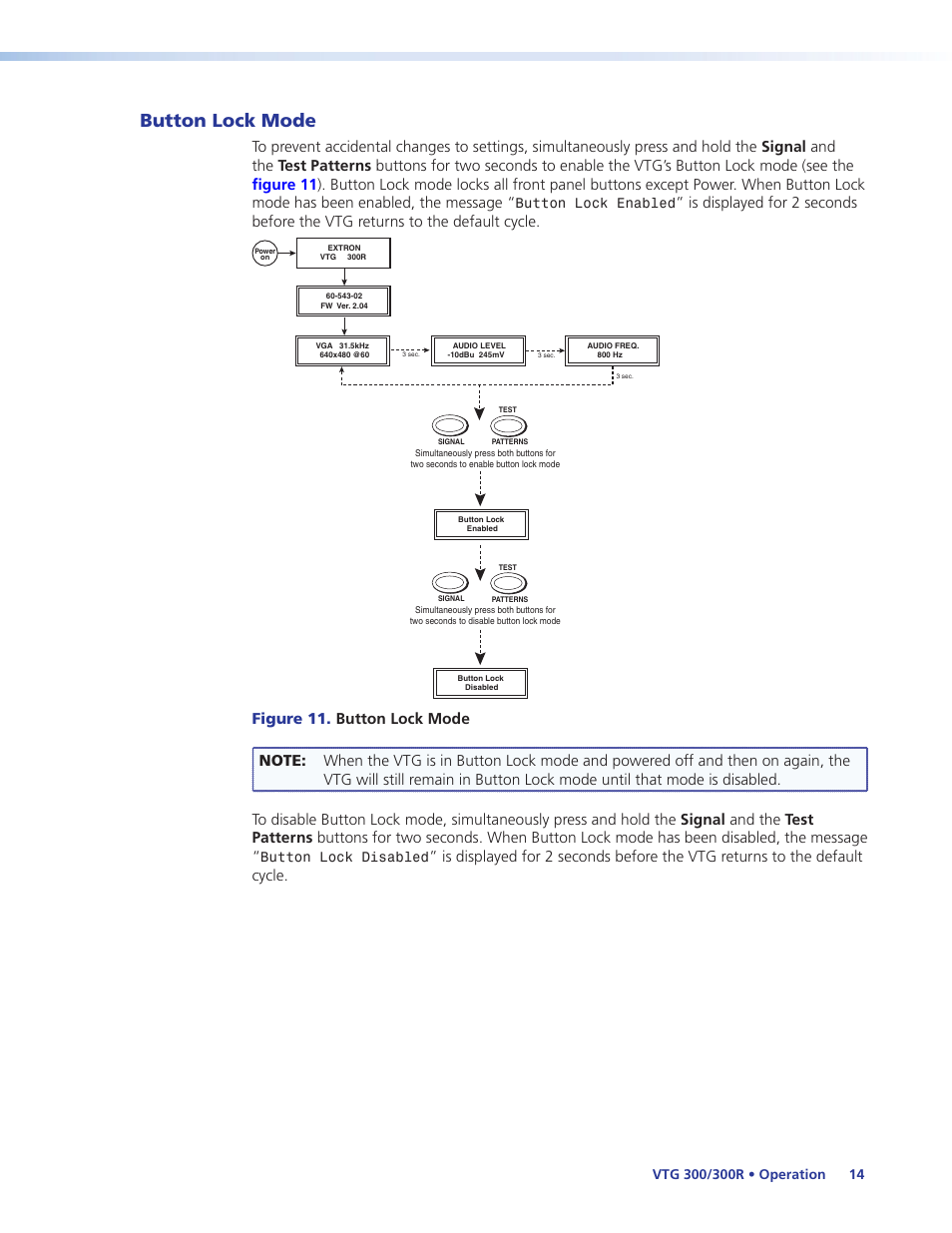 Button lock mode, Button lock enabled, Button lock disabled | Extron Electronics VTG 300_300R User Guide Rev. E User Manual | Page 20 / 32