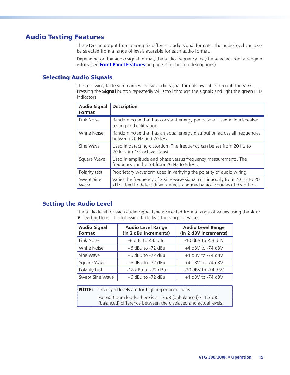 Audio testing features, Selecting audio signals, Setting the audio level | Selecting audio signals setting the audio level | Extron Electronics VTG 300_300R User Guide Rev. E User Manual | Page 21 / 32