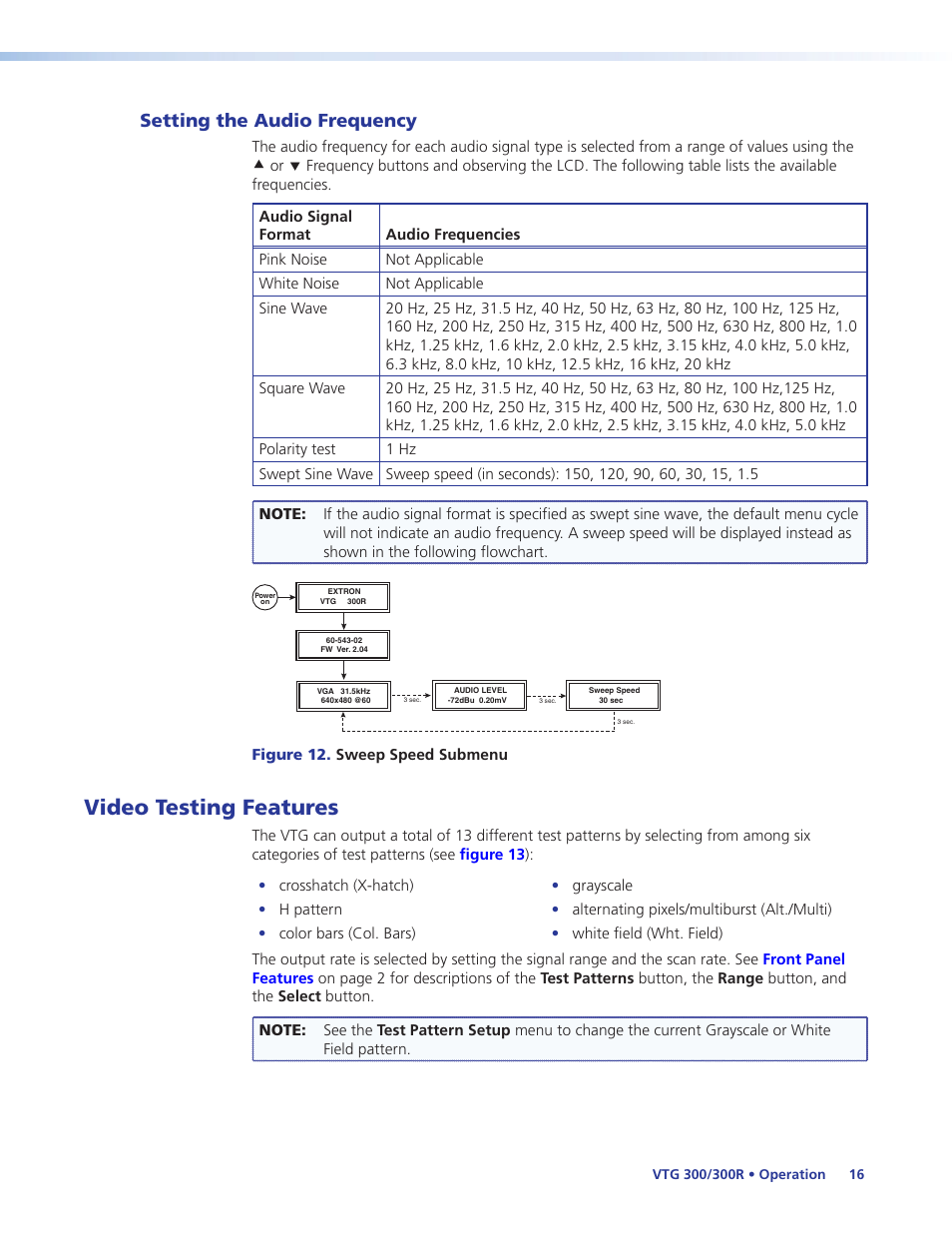 Setting the audio frequency, Video testing features, In 1/3 octave steps (see | Extron Electronics VTG 300_300R User Guide Rev. E User Manual | Page 22 / 32