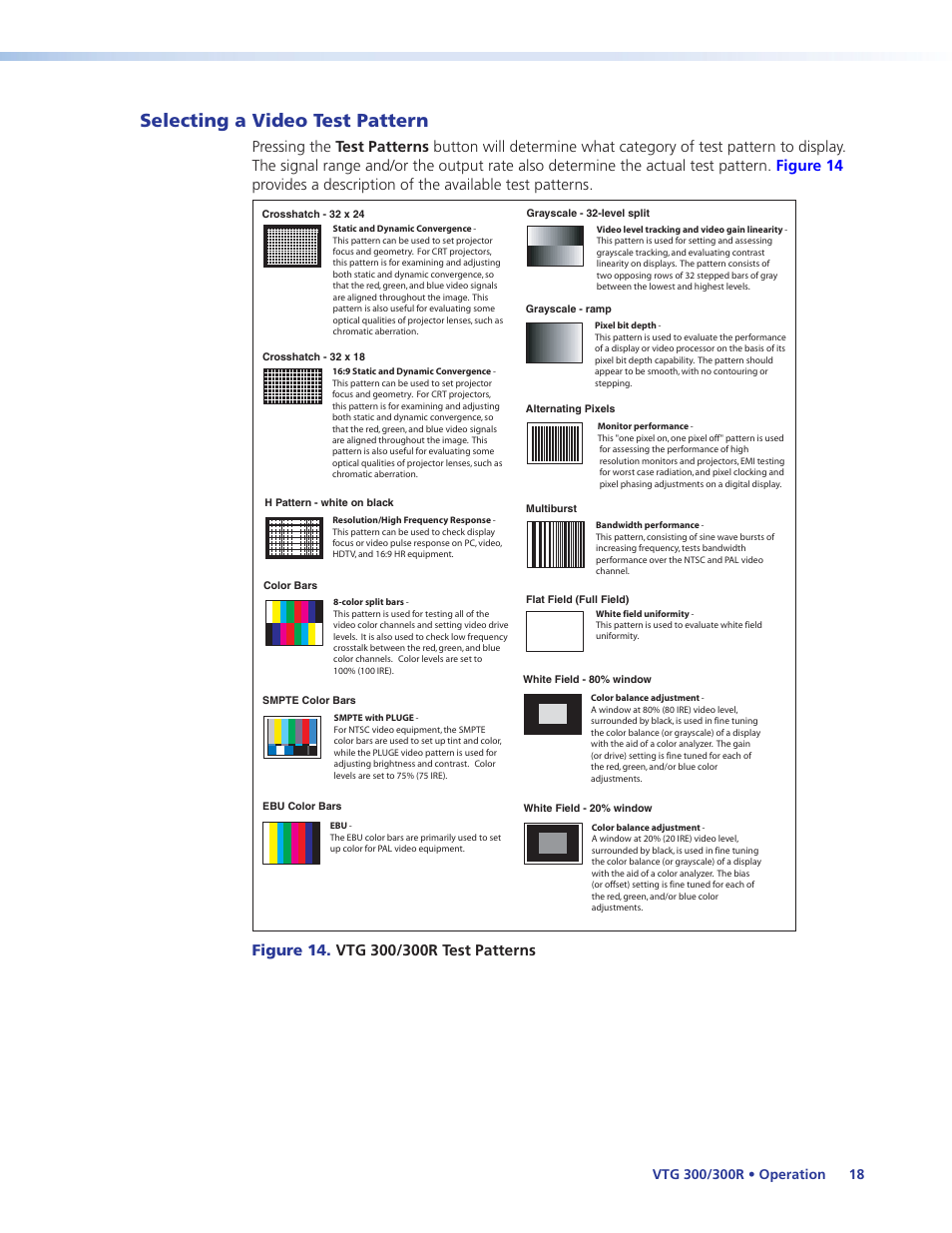 Selecting a video test pattern, Ns in six categories (see | Extron Electronics VTG 300_300R User Guide Rev. E User Manual | Page 24 / 32