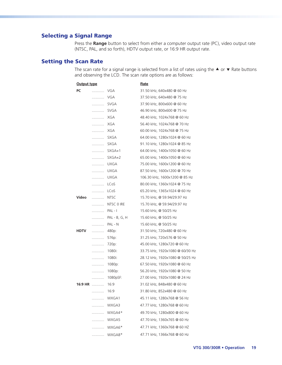 Selecting a signal range, Setting the scan rate, Selecting a signal range setting the scan rate | Extron Electronics VTG 300_300R User Guide Rev. E User Manual | Page 25 / 32