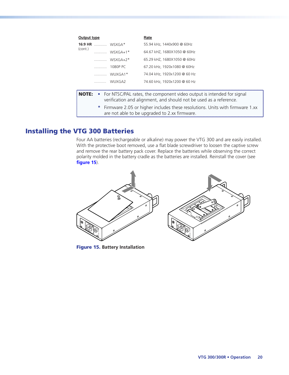 Installing the vtg 300 batteries, Conserving the vtg 300 battery life | Extron Electronics VTG 300_300R User Guide Rev. E User Manual | Page 26 / 32