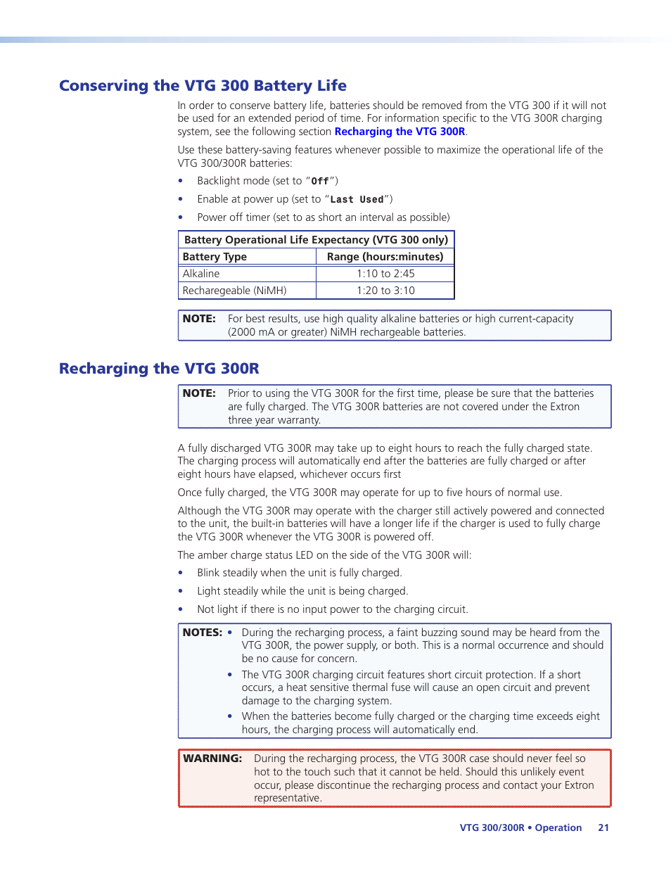 Conserving the vtg 300 battery life, Recharging the vtg 300r | Extron Electronics VTG 300_300R User Guide Rev. E User Manual | Page 27 / 32