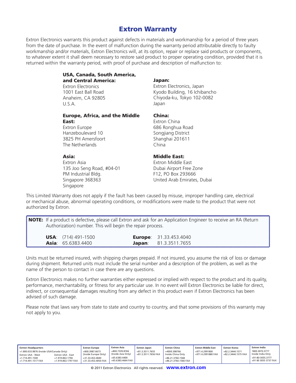 Extron warranty, Contact information | Extron Electronics VTG 300_300R User Guide Rev. E User Manual | Page 32 / 32