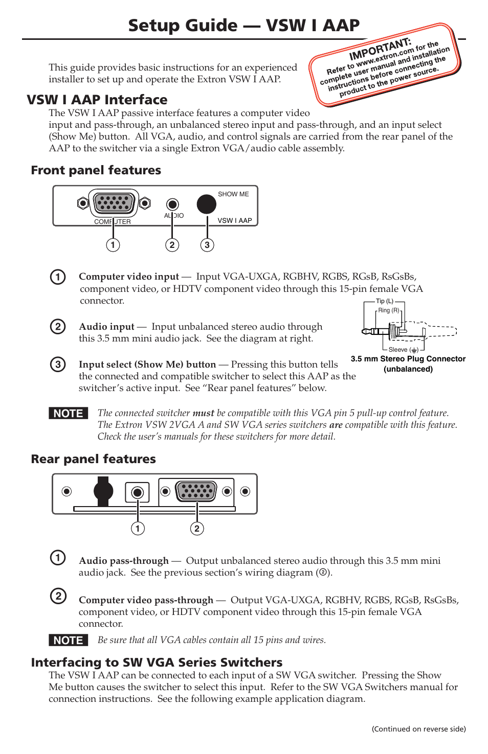 Extron Electronics VSW I AAP Setup Guide User Manual | 2 pages