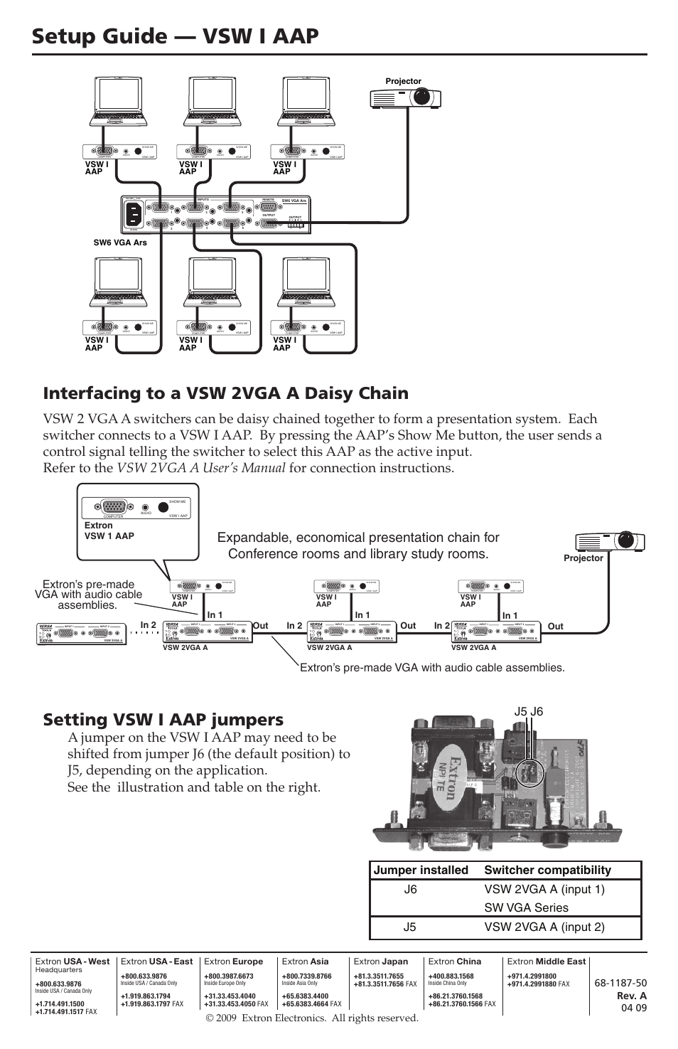 Setup guide — vsw i aap, Interfacing to a vsw 2vga a daisy chain, Setting vsw i aap jumpers | Extron’s pre-made vga with audio cable assemblies, 2009 extron electronics. all rights reserved | Extron Electronics VSW I AAP Setup Guide User Manual | Page 2 / 2