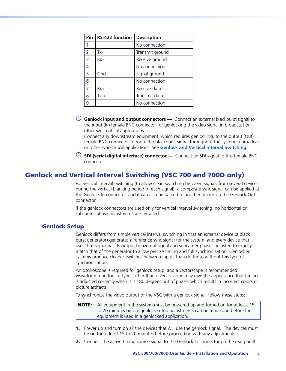 Genlock setup, Genlock and vertical interval switching, Vsc 700 and 700d only) | Extron Electronics VSC 500_700_700D User Guide User Manual | Page 11 / 45