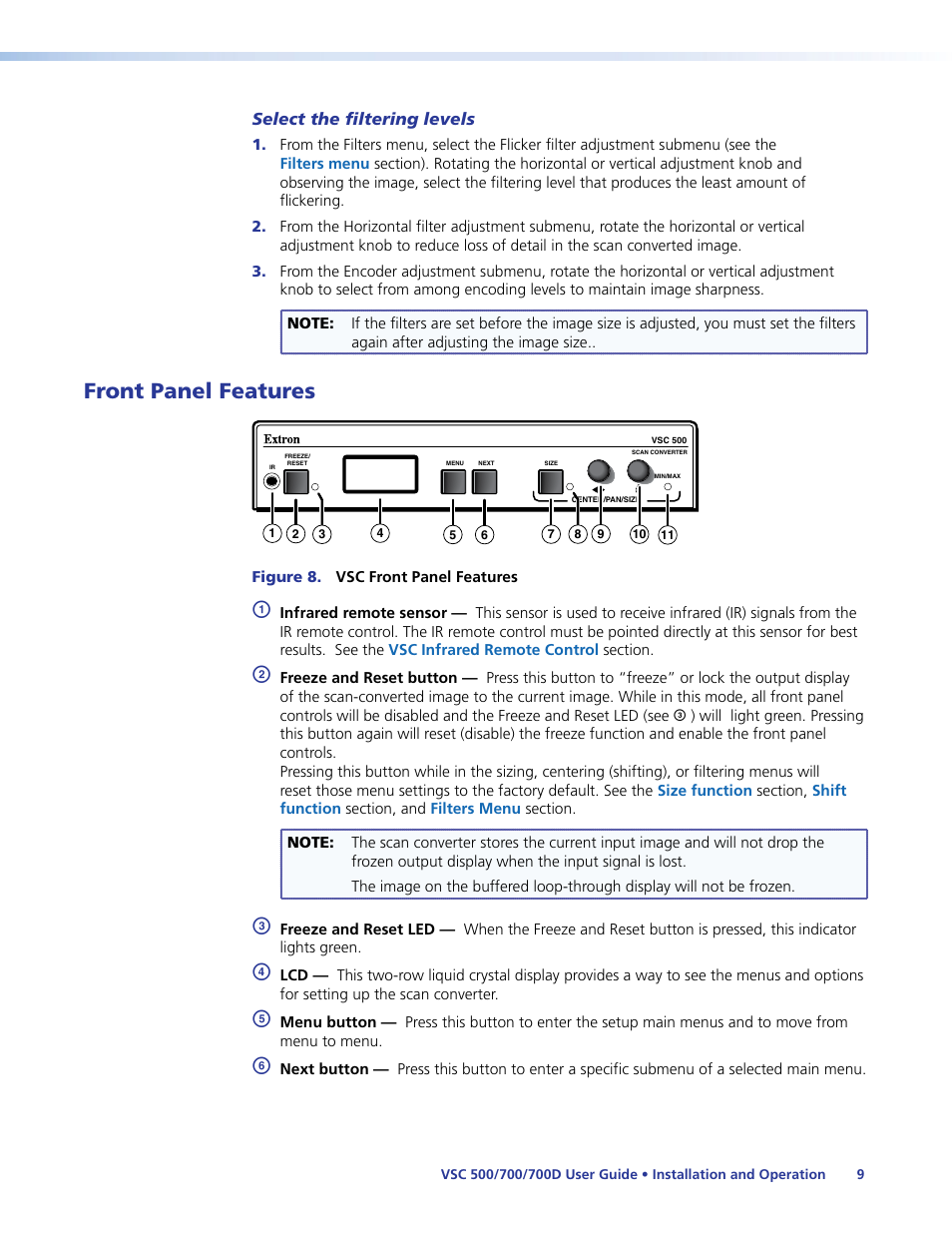 Front panel features | Extron Electronics VSC 500_700_700D User Guide User Manual | Page 15 / 45